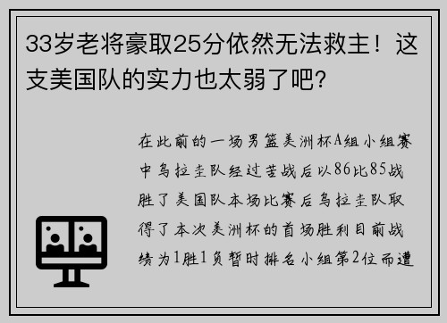 33岁老将豪取25分依然无法救主!这支美国队的实力也太弱了吧? 33岁老将豪取25分依然无法救主!这支美国队的实力也太弱了吧?
